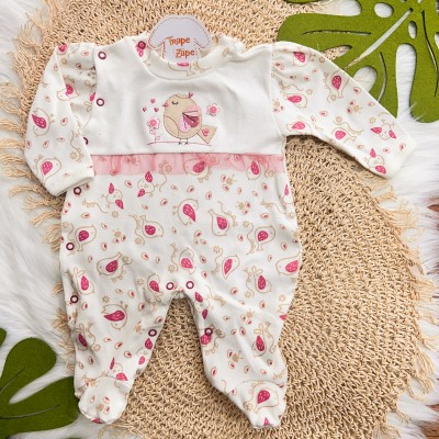 Macacão Trape Zape - Passarinha com Flores - Off White e Rose Macacão Trape Zape - Passarinha com Flores - Off White e Rose